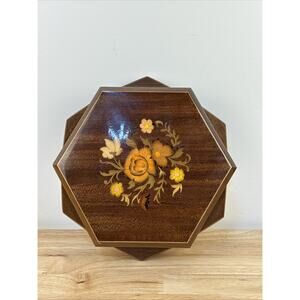 LARGE Vintage Reuge Hexagon Jewelry Music Box Italy Wood Inlay Works Great 9”